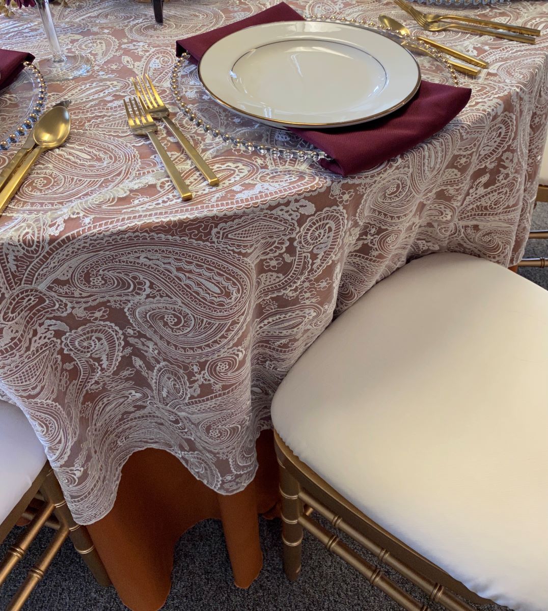 Ivory Paisley Lace Tablecover Over Copper Solid Tablecover with Merlot Solid Napkin